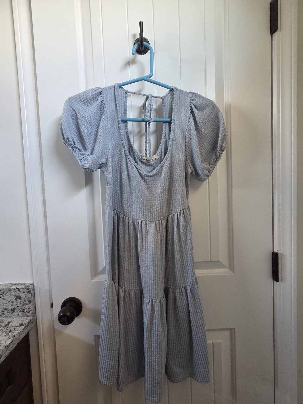Flying Tomato Light Blue Puff Sleeve Tiered Midi Dress